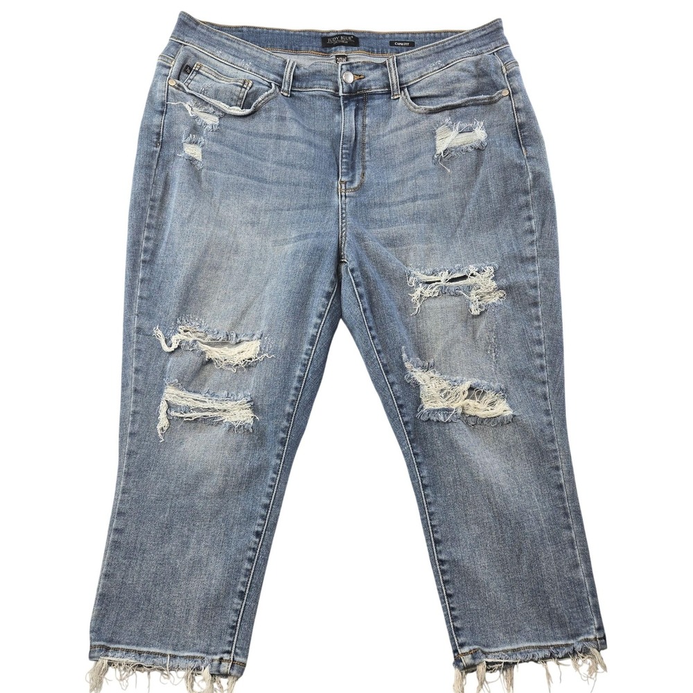 Judy Blue Jeans Womens 20W Blue Capri Distressed Fringe Stretch Crop 35x22